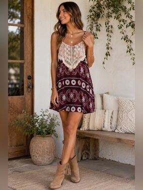 Hayden Boho Midi Dress Burgundy Crochet Lace Nashville Western Medium